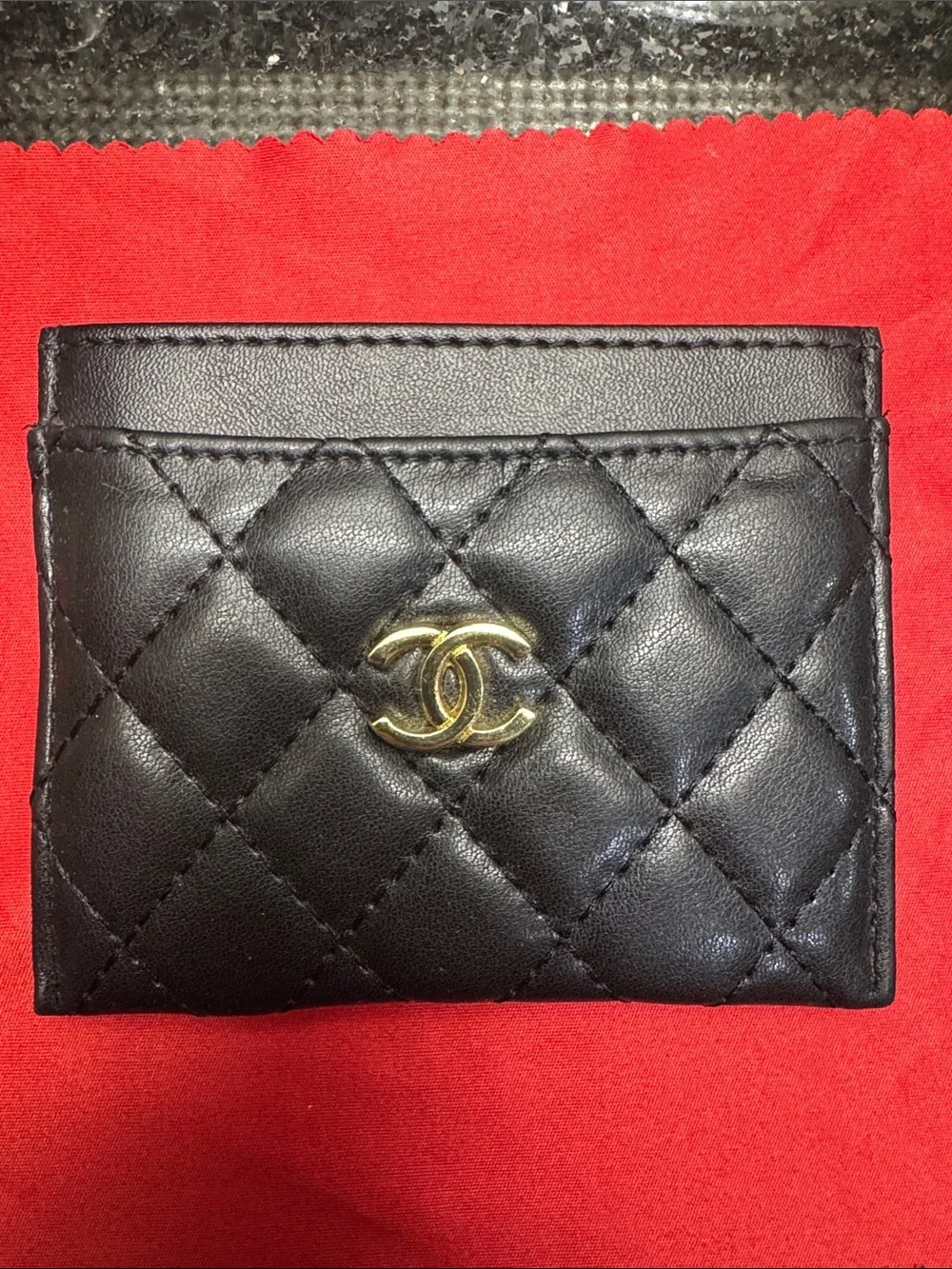 Black Quilted Lambskin Card Case with Gold CC- Fake